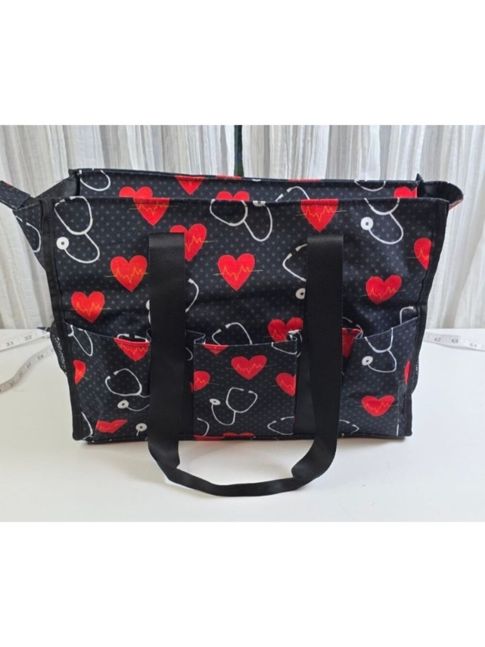Nurse Utility Tote Bag - Black with Red Hearts & Stethoscopes - Large Zippered O